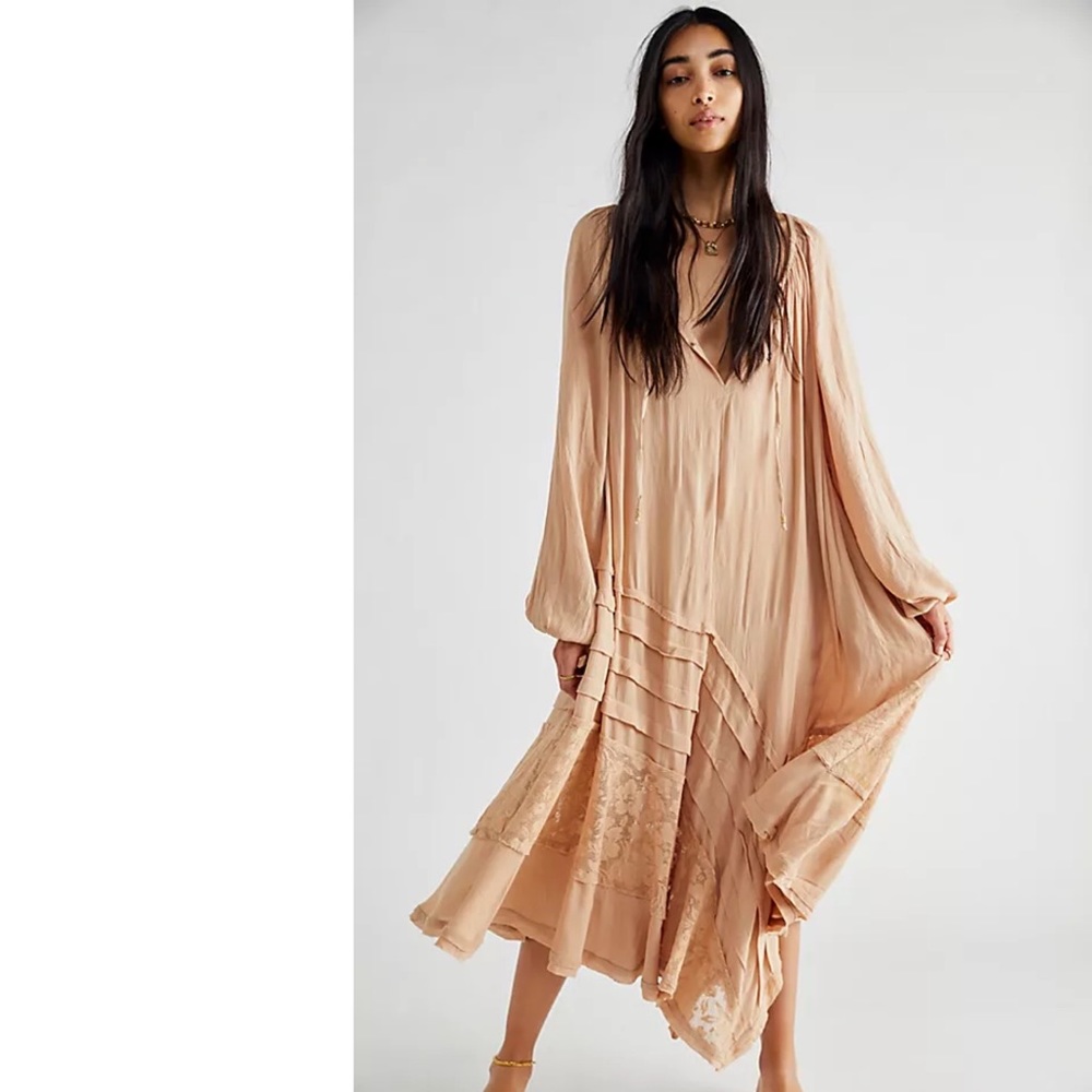 Free People Oceanside Lace Tiered Peach Maxi Dress Medium